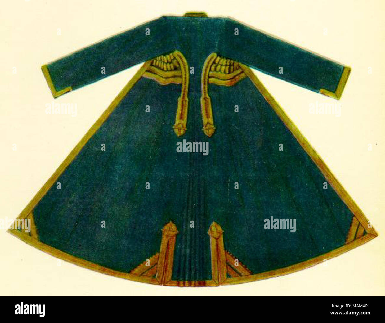CENTRAL CAUCASUS. Georgian man's garment. 'Tchockha'. A festive garment of a well-to-do Georgian from the district of Tiflis. The material is fine, but very strongly and closely woven blackish-blue wool. The lower part of the garment has small pleats sewn on to the top part. Richly trimmed with gold braid which is both well and tastefully made in the Caucasus by so-called board weaving. Orig. in Caucasus Mus., Tiflis.  . 1922.   Max Karl Tilke - Stock Photo
