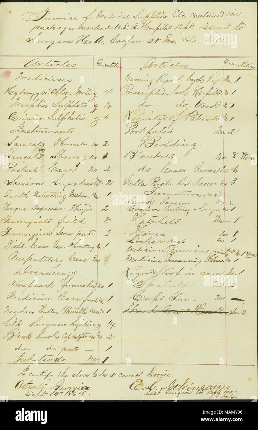 Invoice of medical supplies, etc.,  issued to surgeon H.A. Cooper, 23rd Missouri Volunteer Infantry, contained in package marked 'U.S.A. Hospital Dept.,' signed by E.S. Atkinson, Assistant Surgeon, 23rd Infantry Missouri Volunteers, Atlanta, Georgia, page one, September 10, 1864. Civil War Collection, Missouri History Museum, St. Louis, Missouri. Stock Photo