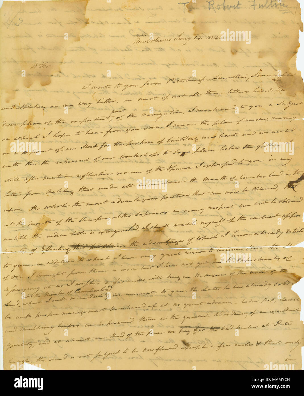 Regarding raising money for the building of new boats and the purchase of land. Title: Letter from Edward Livingston, New Orleans, to Robert Fulton, January 14, 1814  . 14 January 1814. Livingston, Edward Stock Photo