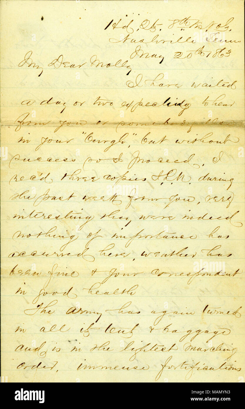 Mentions preparations for moving south; also mentions attending the execution of a deserter. Title: Letter from James E. Love, Nashville, Tennessee, to Molly, May 20, 1863  . 20 May 1863. Love, James Edwin, 1830-1905 Stock Photo