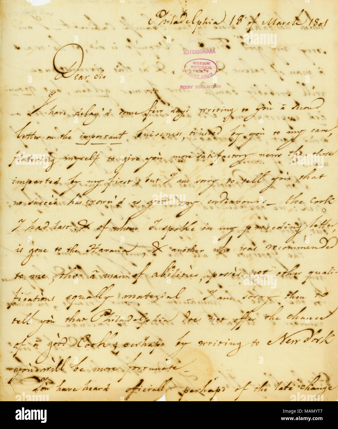 States that Jefferson ?s cook has gone to Havana, and asks if Jefferson has heard officially of the changes in the Spanish cabinet. Title: Letter from Le Chevalier d'Yrujo, Philadelphia, to Thomas Jefferson, March 18, 1801  . 18 March 1801. Stock Photo