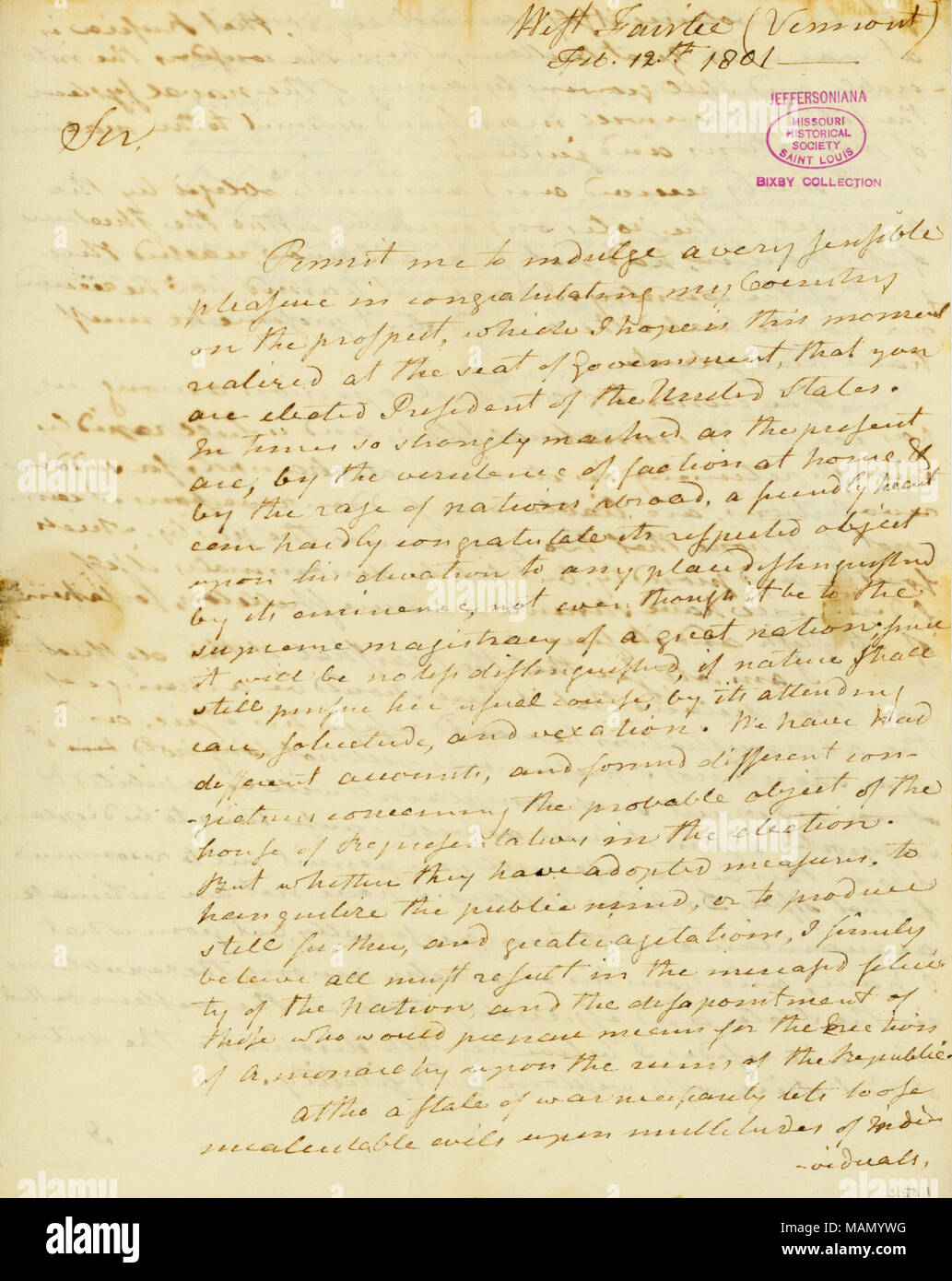 Congratulates his country on having Jefferson for president, and hopes the Federal party will shrink to a mere skeleton, forsaken of its flesh and its sinews. Title: Letter from Nathaniel Niles, West Fairlee, Vermont, to Thomas Jefferson, Washington, February 12, 1801  . 12 February 1801. Niles, Nathaniel Stock Photo