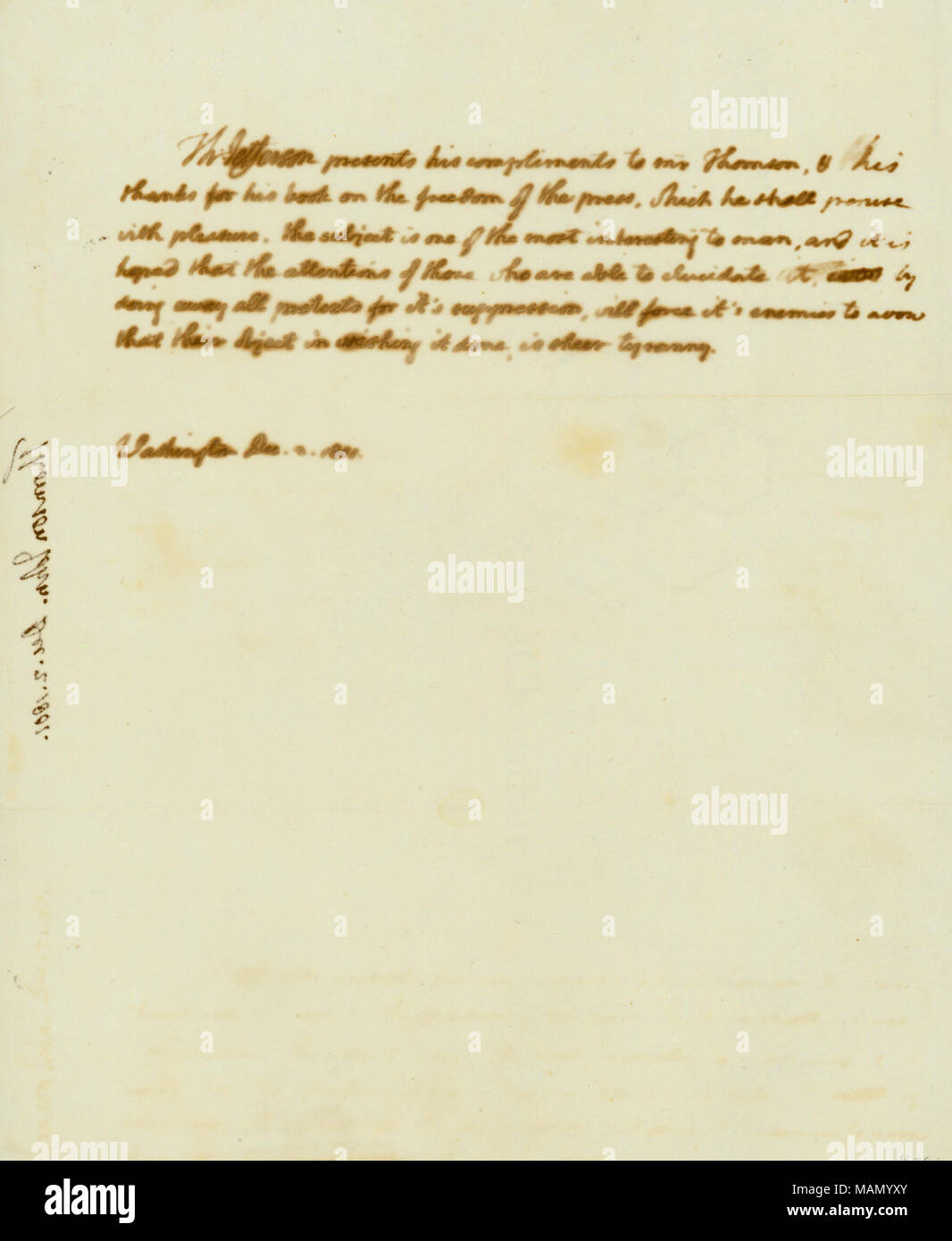 Thanks him for his book on freedom of the press. Title: Letter from Thomas Jefferson to John Thomson, December 2, 1801  . 2 December 1801. Jefferson, Thomas, 1743-1826 Stock Photo