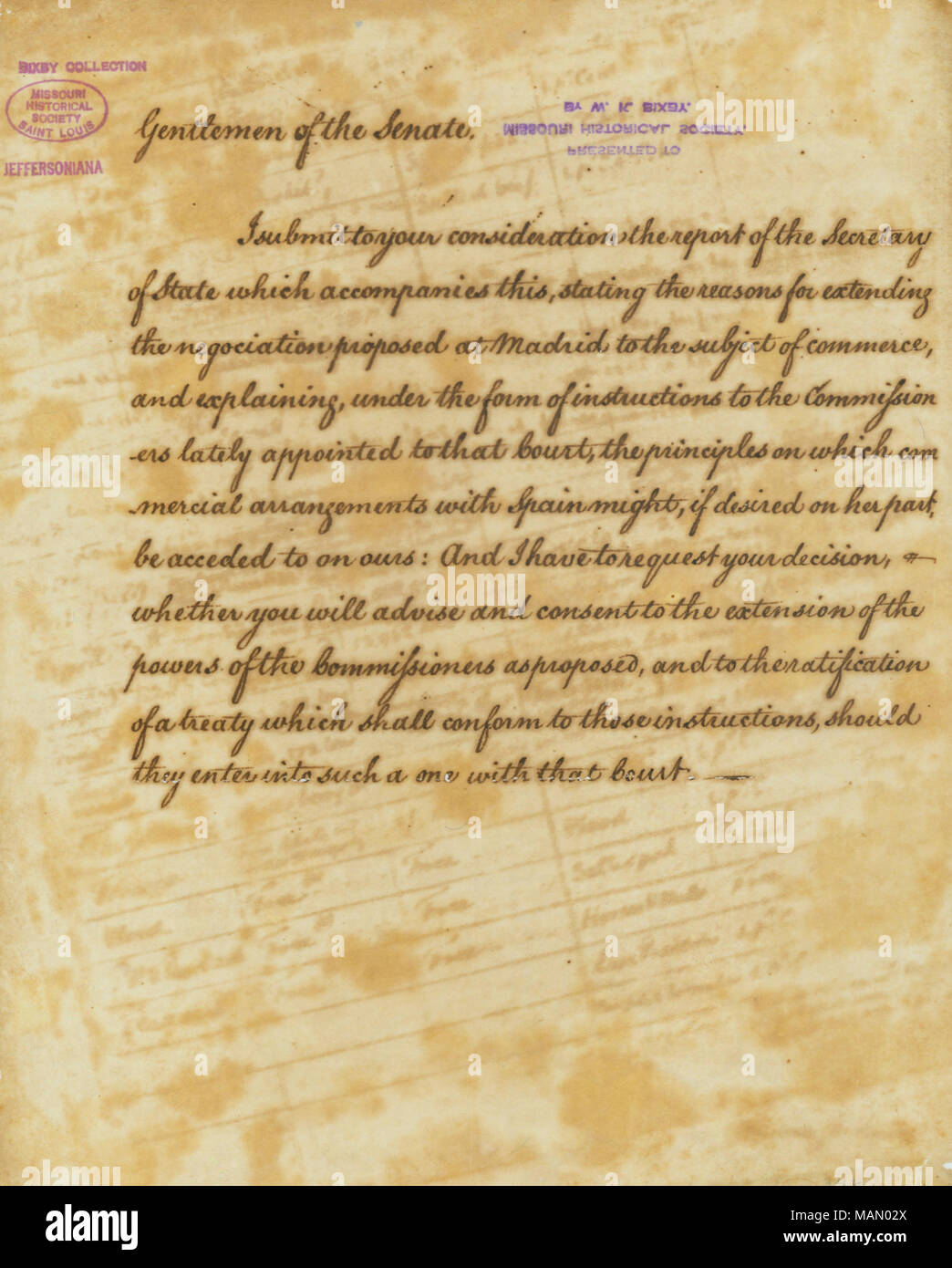 Regarding extension of the negotiations at Madrid and ratification of any treaty the commissioners may enter into. (The date of this document, which begins Gentlemen of the Senate, was determined by examining correspondence and documents published in Charles T. Cullen, ed., The Papers of Thomas Jefferson. In a letter to George Washington dated 23 December 1791, Jefferson transmitted a table that is identical to the one attached to this document. In a footnote on page 84 [Cullen, Vol. 23] the Senate approval of the nomination of William Carmichael and William Short as commissioners to Spain was Stock Photo