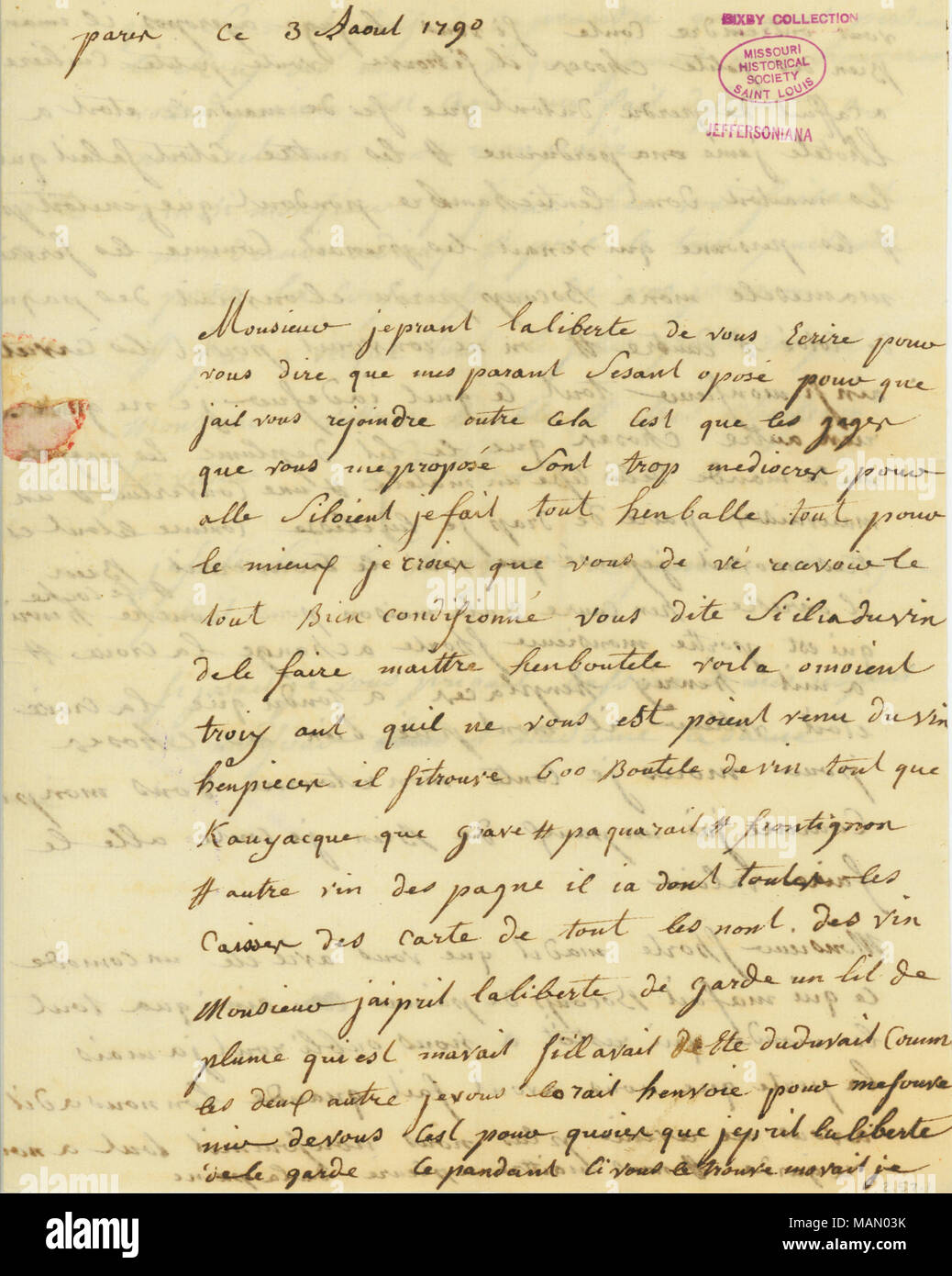 States that his parents do not wish him to join Jefferson in America because the wages proposed to Petit by Jefferson are mediocre. (Petit was a servant to Jefferson while he was ambassador to France and was in charge of packing and shipping Jefferson+?-?-?s personal goods back to America.) Title: Letter signed Adrien Petit, Paris, to Thomas Jefferson, Philadelphia, August 3, 1790  . 3 August 1790. Petit, Adrien Stock Photo