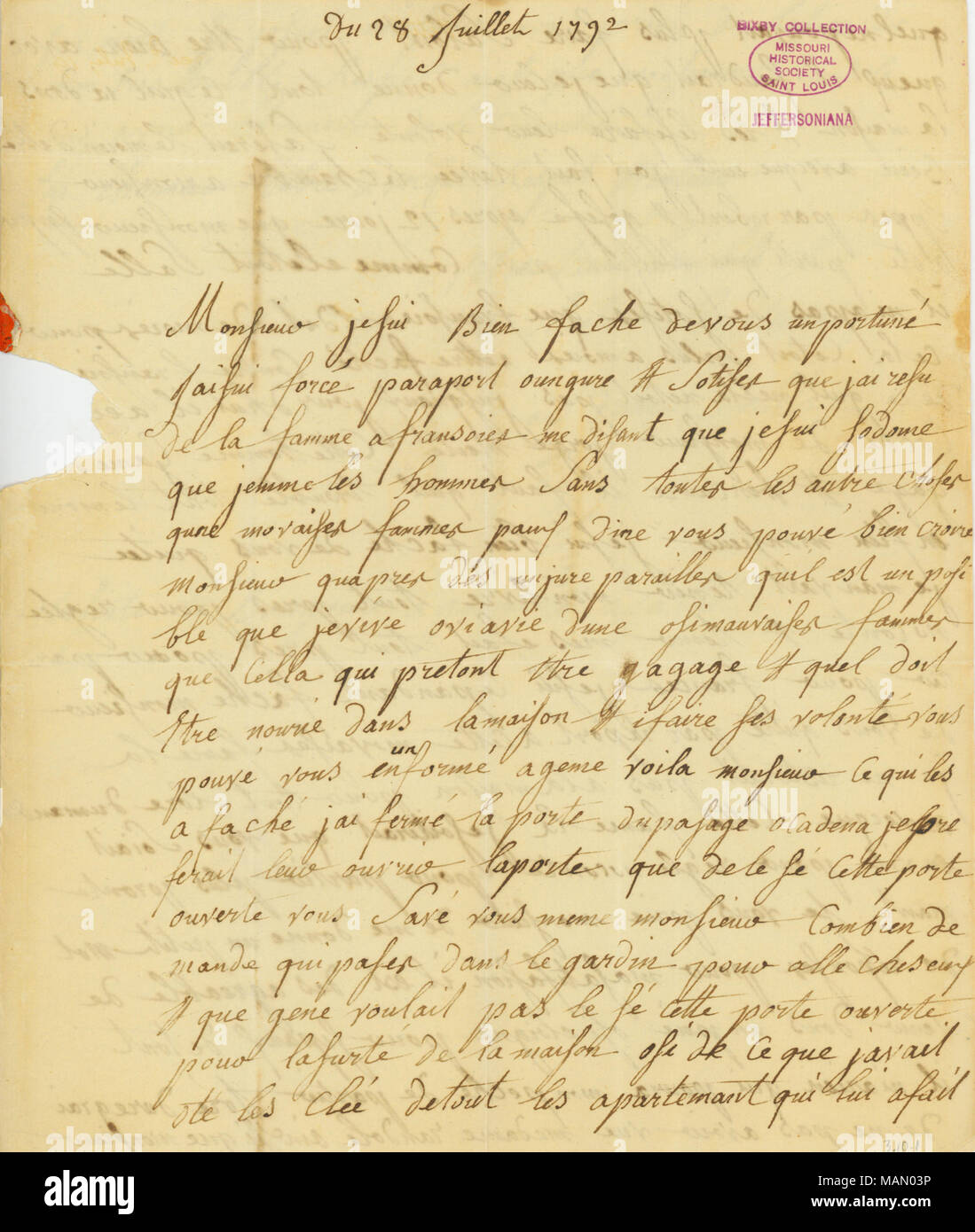 Complains that the French woman who works with him spread untruths about him, and that he can no longer work in that household. Title: Letter signed Adrien Petit to Thomas Jefferson, July 28, 1792  . 28 July 1792. Petit, Adrien Stock Photo