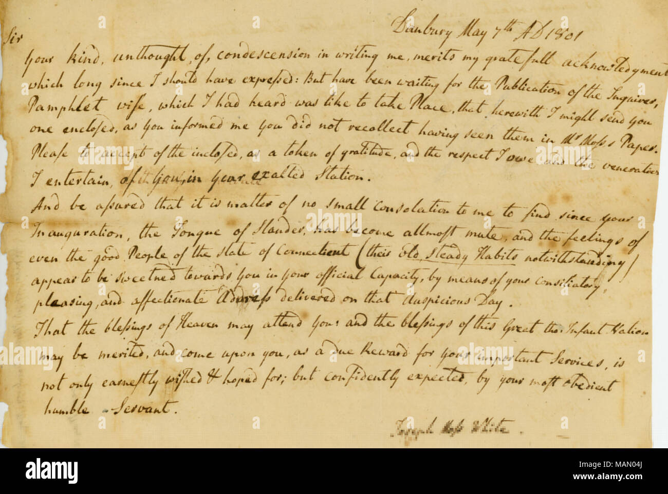 Letter from Joseph Moss White to Thomas Jefferson, sharing that since Jefferson’s inauguration ''the tongue of slander has become almost mute and the feelings of even the good people of the state of Connecticut appear to be sweetened towards you'', page 1, May 7, 1801. Thomas Jefferson Papers, Missouri History Museum Archives, St. Louis, Missouri. Stock Photo