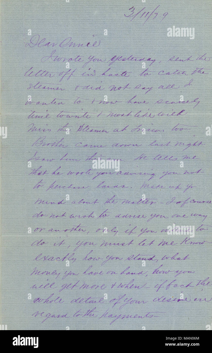 Gives land purchase advice and an update on the National Bank of Missouri failure case. Title: Letter signed C.W. Bates to Onward Bates, March 11, 1879  . 11 March 1879. Bates, Charles Woodson Stock Photo