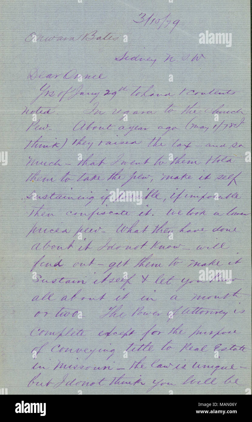 Regarding arranging a purchase of land, a bank merger, and news of friends.  Title: Letter signed C.W. Bates, Sydney, N.S.W., to Onward Bates, March 10,  1879 . 10 March 1879. Bates, Charles Woodson Stock Photo - Alamy