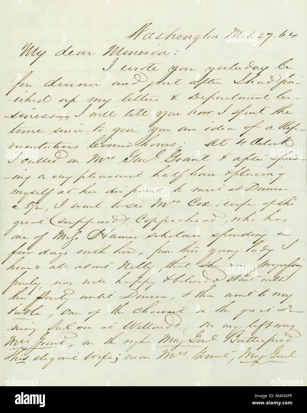 Relays news of Nelly received by calling on and having dinner with Mrs. General Grant, Mrs. Cox, and other elegant people. Title: Letter signed Henry T. Blow, Washington, to Minerva [Minerva Blow], March 27, 1864  . 27 March 1864. Blow, Henry T. (Henry Taylor), 1817-1875 Stock Photo