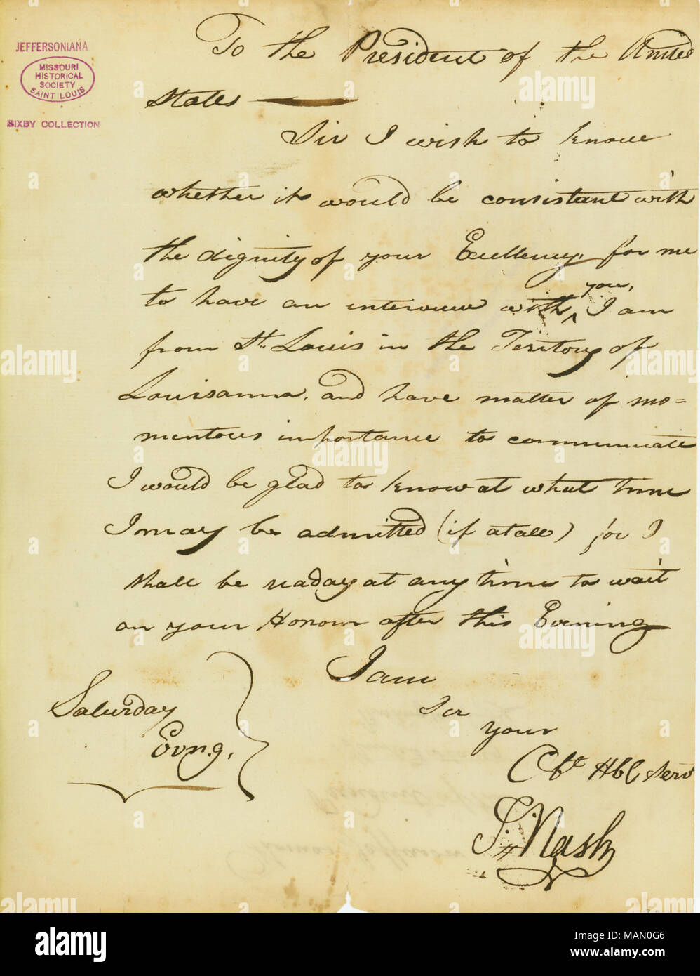 Requests an interview stating that he is from St. Louis in the Louisiana Territory, and has a matter of great importance to communicate. Title: Letter signed I. Nash to Thomas Jefferson, October 3, 1807  . 3 October 1807. Nash, I. Stock Photo