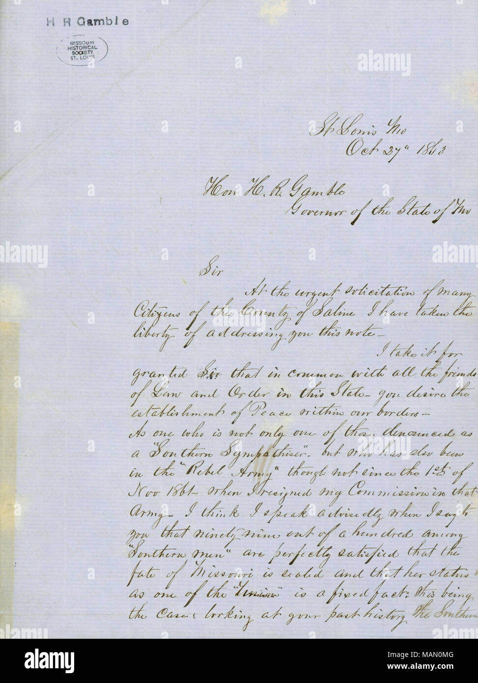 Complains about abuses by militia troops and requests help in allowing full and open election in Saline County. Title: Letter signed John Sheridan, St. Louis, Mo., to Hon. H.R. Gamble, Governor of the State of Mo., October 27, 1863  . 27 October 1863. Sheridan, John Stock Photo