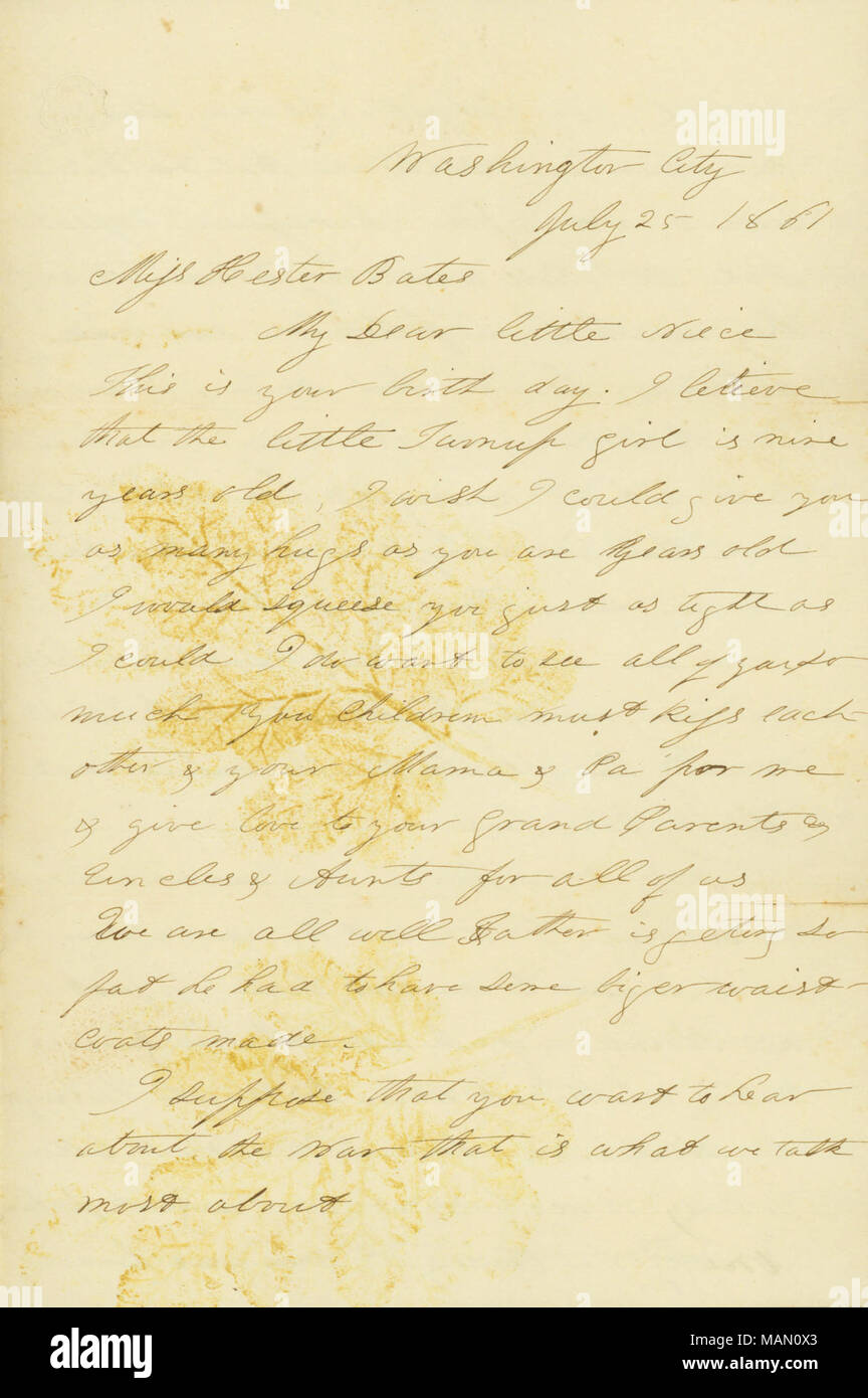 Comments on the Battle of First Manassas [Bull Run] and other war news. Title: Letter signed Nannie [Nannie Bates], Washington City, to Miss Hester Bates, July 25, 1861  . 25 July 1861. Bates, Nannie Stock Photo