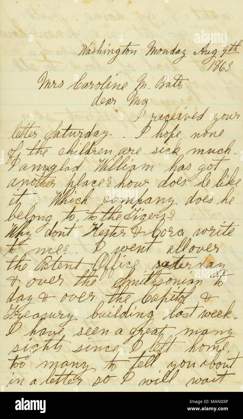 Regarding the sights he has seen in Washington. Mentions a brother officer of his Uncle Coalter's captain who was wounded in the leg and had to have it amputated. Includes envelope. Title: Letter signed Onward Bates, Washington, to his mother Mrs. Caroline M. Bates, August 9, 1863  . 9 August 1863. Bates, Onward Stock Photo