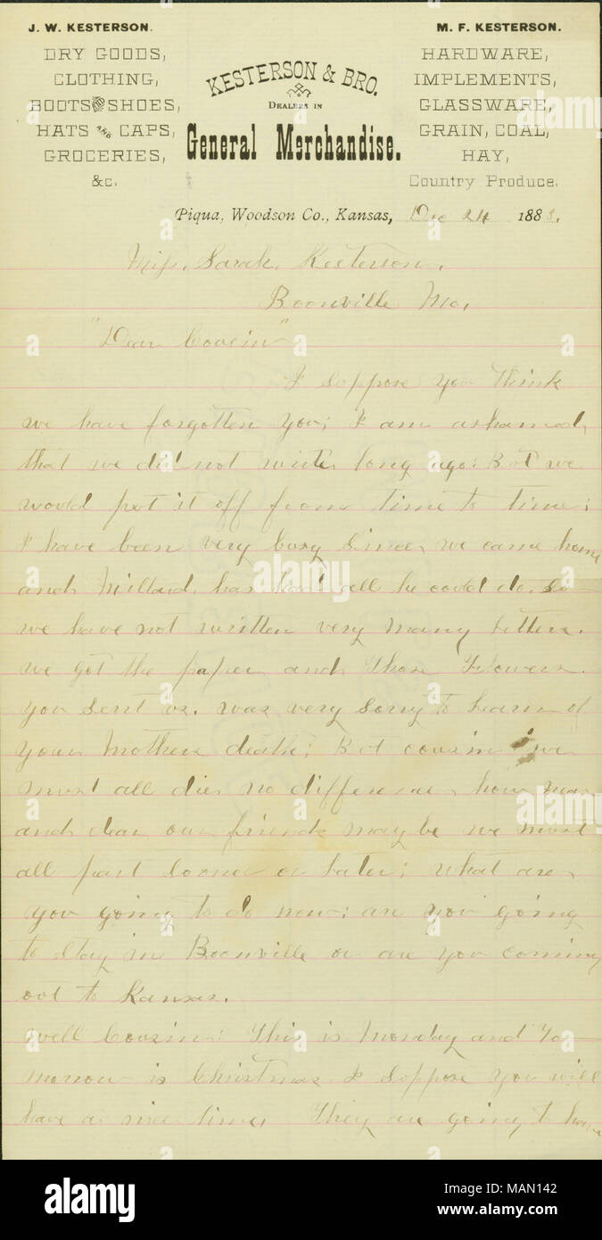 Gives condolences for the death of Sarah's brother. Title: Letter signed Sadie E. Kesterson, Piqua, Woodson Co., Kansas, to Sarah Kesterson, Boonville, Mo., December 24, 1883  . 24 December 1883. Kesterson, Sadie E. Stock Photo
