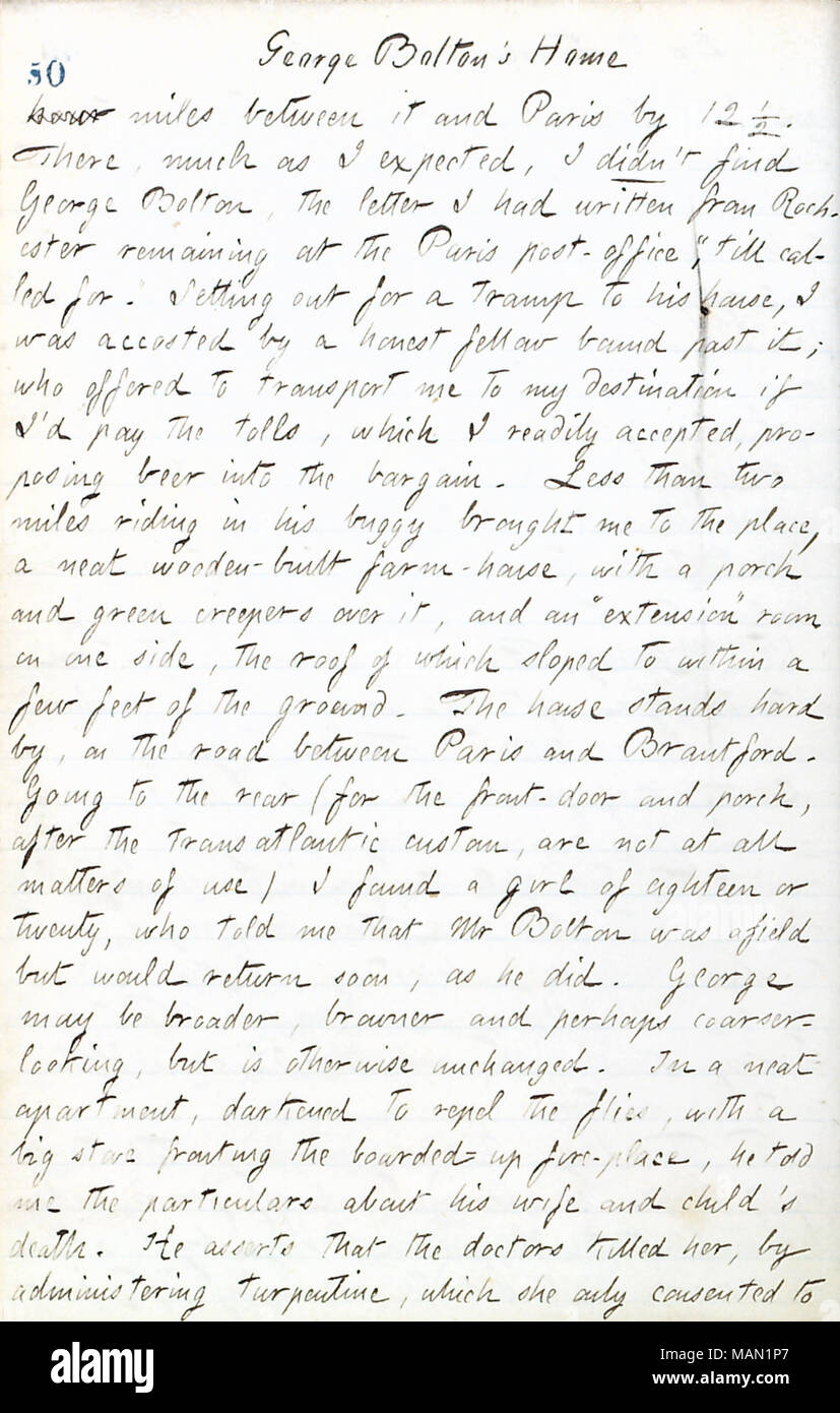 Describes George Bolton's house. Title: Thomas Butler Gunn Diaries: Volume 17, page 59, July 16, 1861  . 16 July 1861. Gunn, Thomas Butler, 1826-1903 Stock Photo