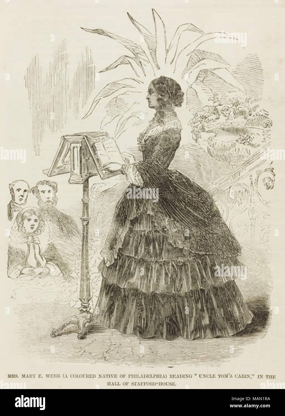 Engraved drawing of Mary E. Webb, captioned 'Mrs. Mary E. Webb (a Coloured Native of Philadelphia) Reading Uncle Tom's Cabin, in the Hall of Stafford-House'  . 2 August 1856. The Illustrated London News, August 2, 1856 Stock Photo
