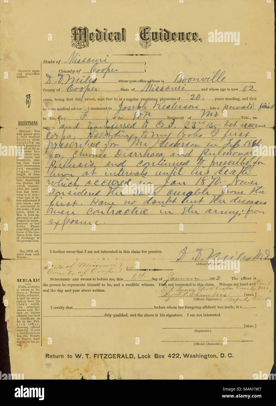 Describes the health problems of Kesterson as part of his pension claim. Title: Medical guidance form for Joseph Kesterson, January 6, 1883  . 6 January 1883. Miles, D. D. Stock Photo