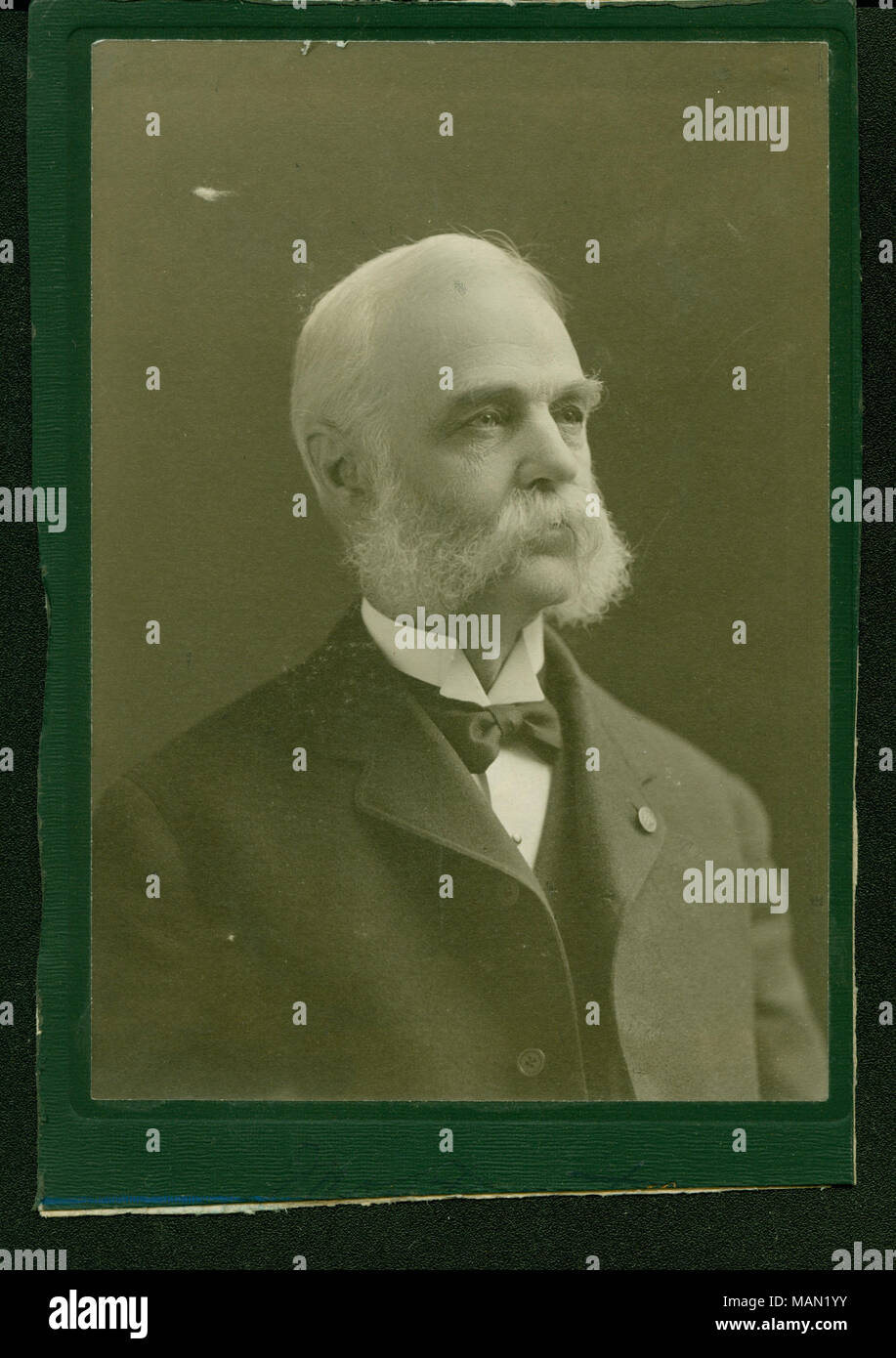 Formal bust portrait of Moses Aaronite wearing a suit and bow tie, and turned to the right. Title: Moses Aaronite (Union veteran).  . 1900. F.W. Guerin, St. Louis Stock Photo
