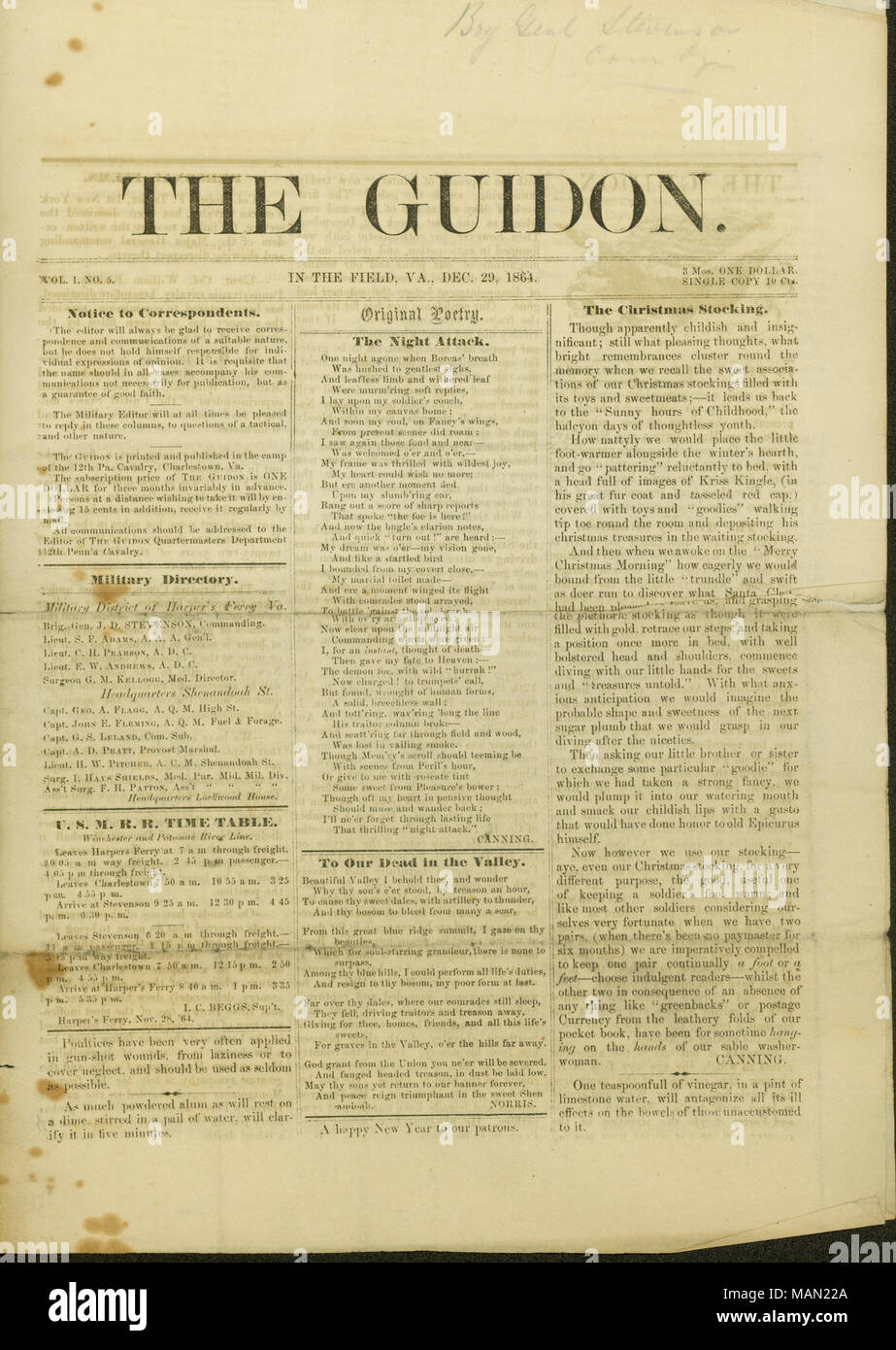 Includes poetry, reminisce of Christmas stockings, and news on the war. Title: Newspaper issue of The Guidon, printed and published in the camp of the 12th Pa. Cavalry, December 29, 1864  . 29 December 1864. Stock Photo