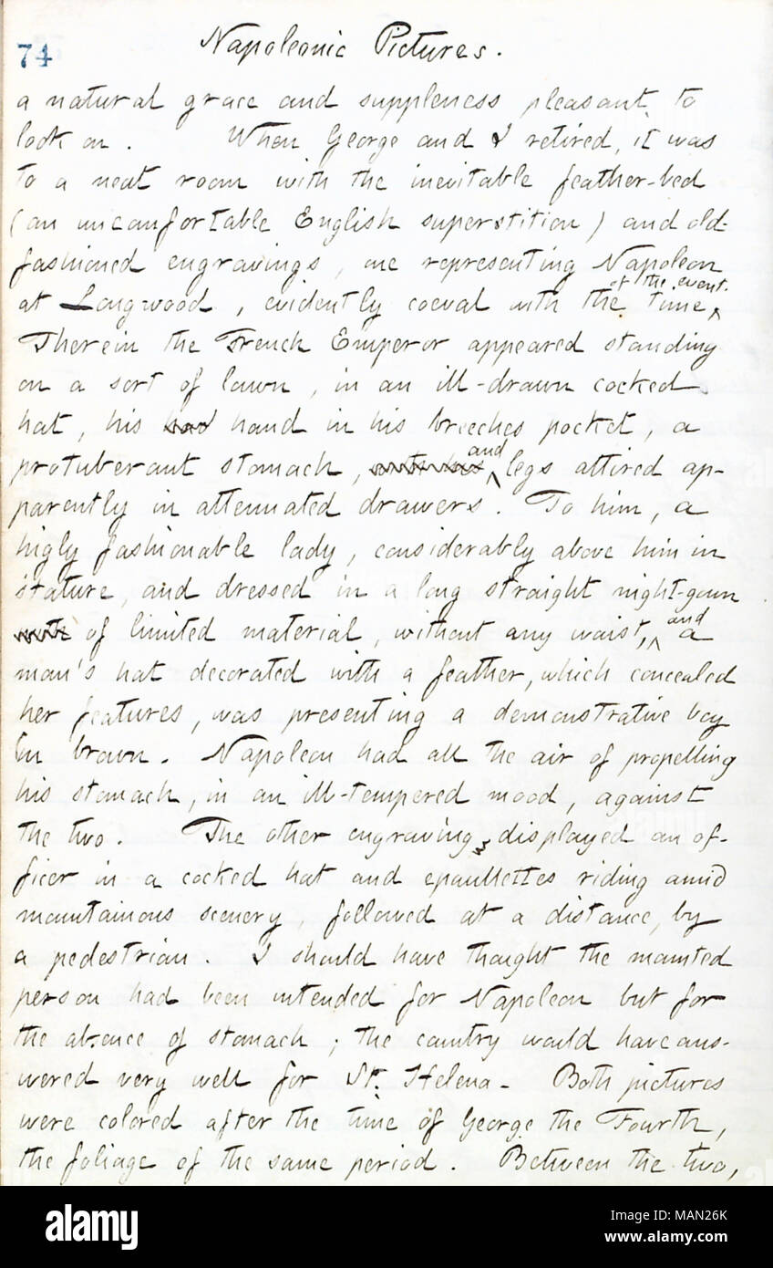 Describes an engraving of Napoleon at Arthur Tew's house. Title: Thomas Butler Gunn Diaries: Volume 17, page 83, July 23, 1861  . 23 July 1861. Gunn, Thomas Butler, 1826-1903 Stock Photo