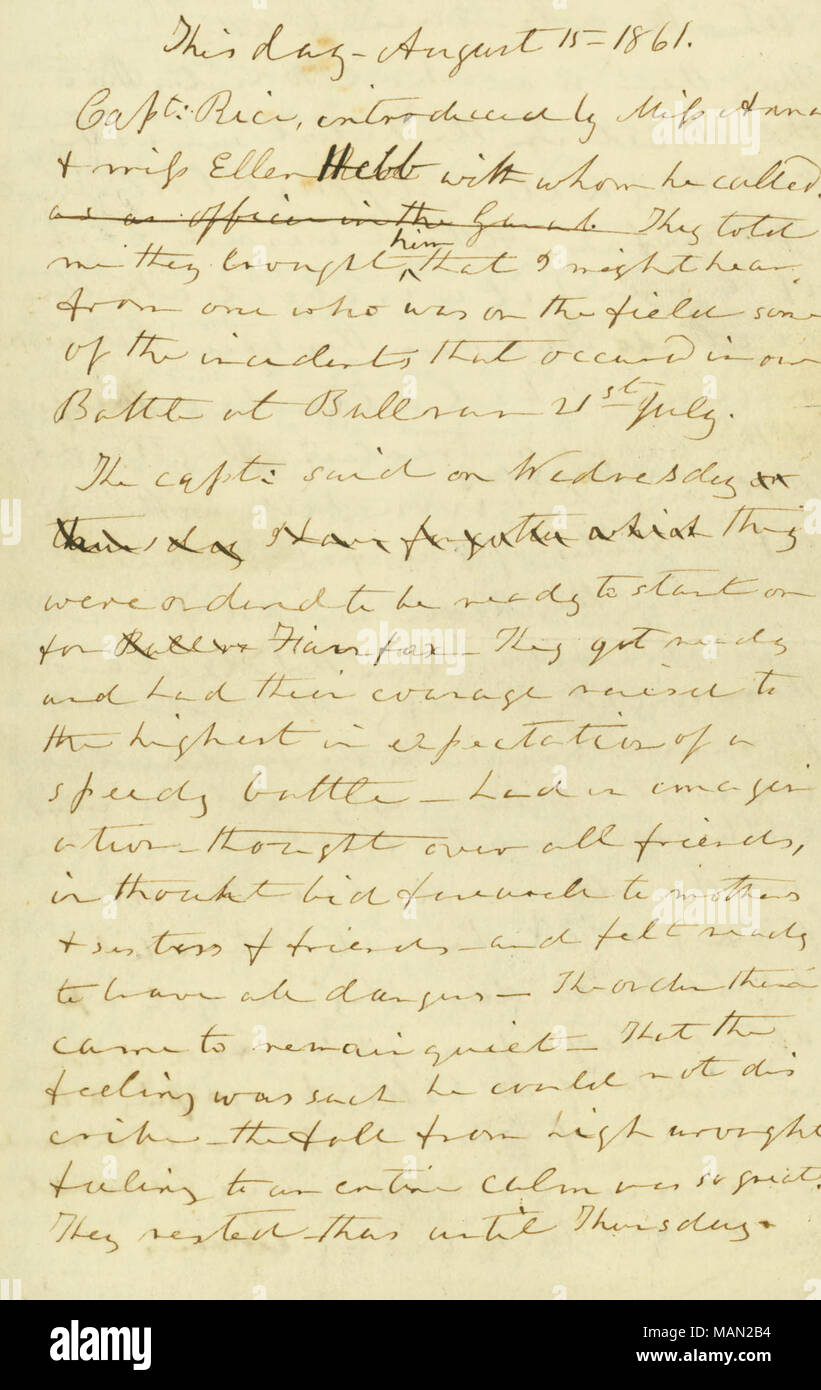 Contains a description of the First Battle of Bull Run and the turmoil around the Executive Mansion as various reports came in. Title: Pages from the diary of Mrs. Edward Bates, August 15, 1861  . 15 August 1861. Bates, Julia D. Stock Photo