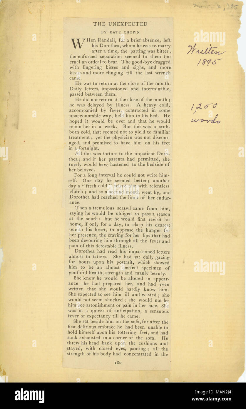 Title: Printed short story, 'The Unexpected,' by Kate Chopin from Vogue Magazine, November 2, 1895  . 2 November 1895. Chopin, Kate, 1850-1904 Stock Photo