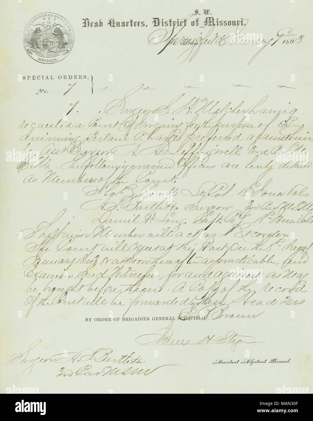 Lists officers detailed as members of a court of inquiry for surgeon S. H. Melcher, including A. T. Bartlett. Title: Special Orders, No. 7, Head Quarters, District of S.W. Missouri, Springfield, signed James H. Stiger, Assistant Adjutant General, January 1, 1863  . 1 January 1863. Stiger, James H. Stock Photo