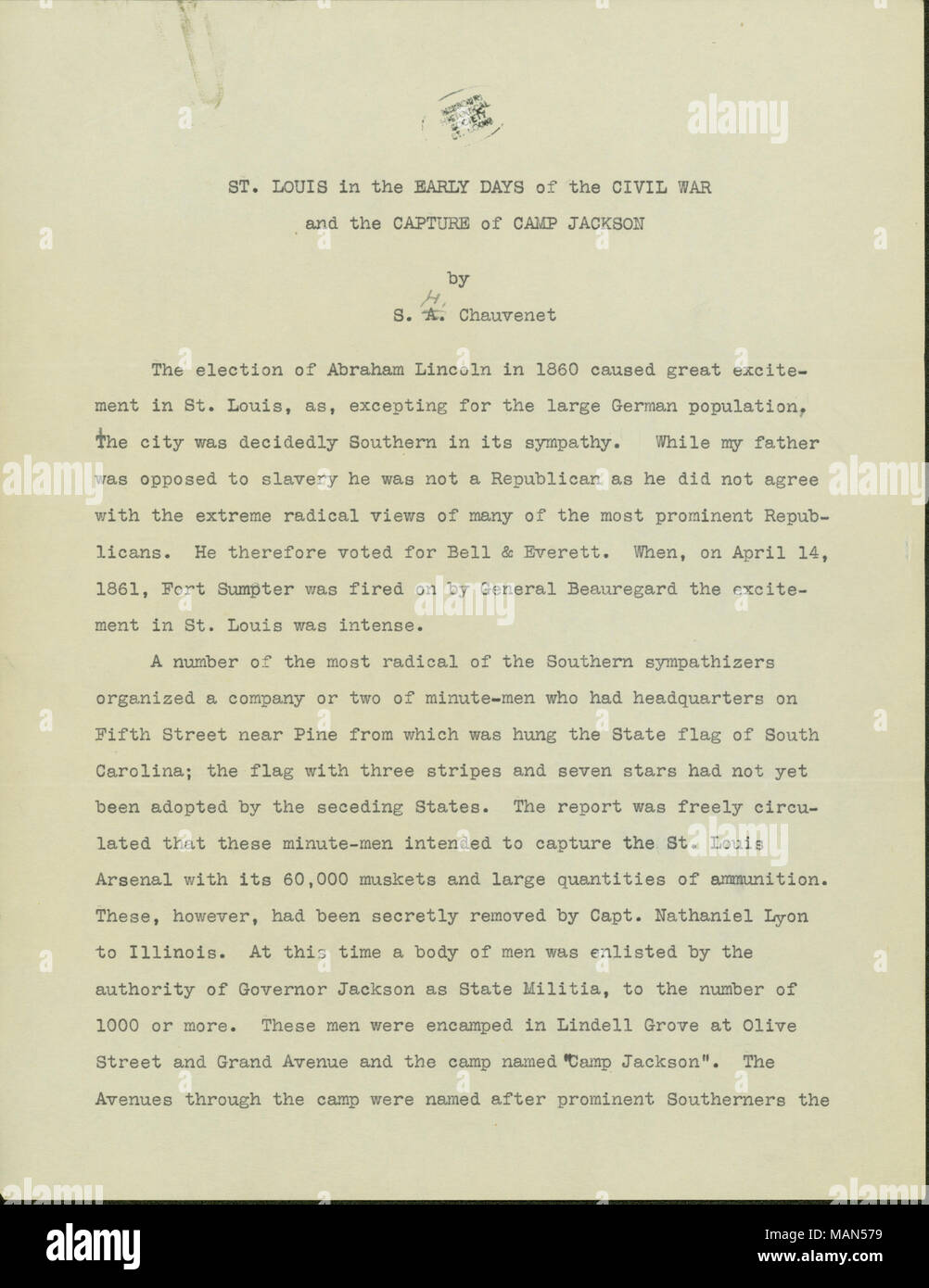 Typescript titled 'St. Louis in the Early Days of the Civil War and the Capture of Camp Jackson,' providing the reminiscences of S.H. Chauvenet, page one, ca. 1932. Civil War Collection, Missouri History Museum, St. Louis, Missouri. Stock Photo