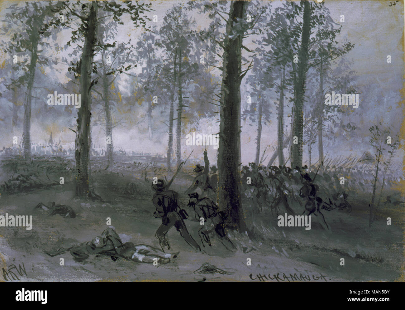 English Battle of Chickamauga, Confederate line advancing up hill through forest toward Union