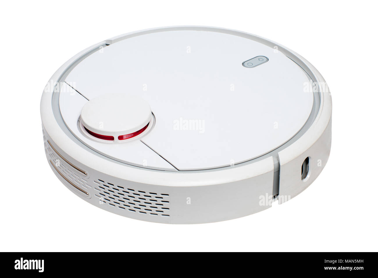white robotic vacuum cleaner isolated on white background Stock Photo