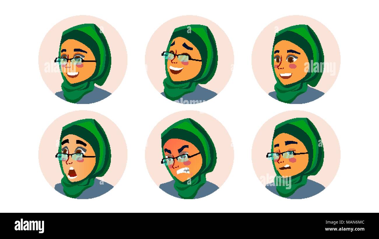 Muslim Business Woman Avatar Vector. Woman Face, Emotions Set. Hijab. Muslim Female Creative Placeholder. Modern Girl. Art Isolated Illustration Stock Vector