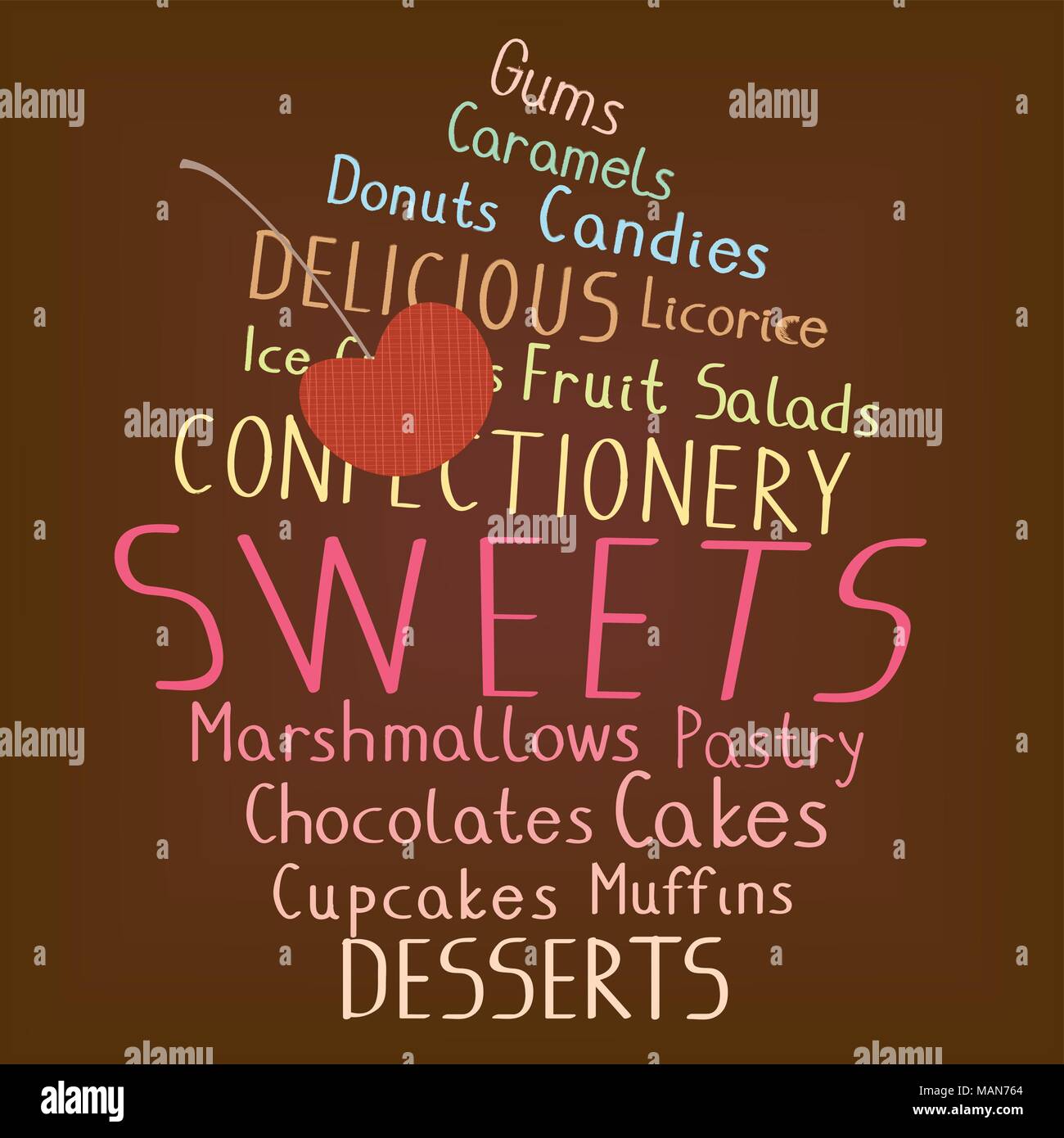 Cupcake shaped from various sweets related words Stock Vector Image