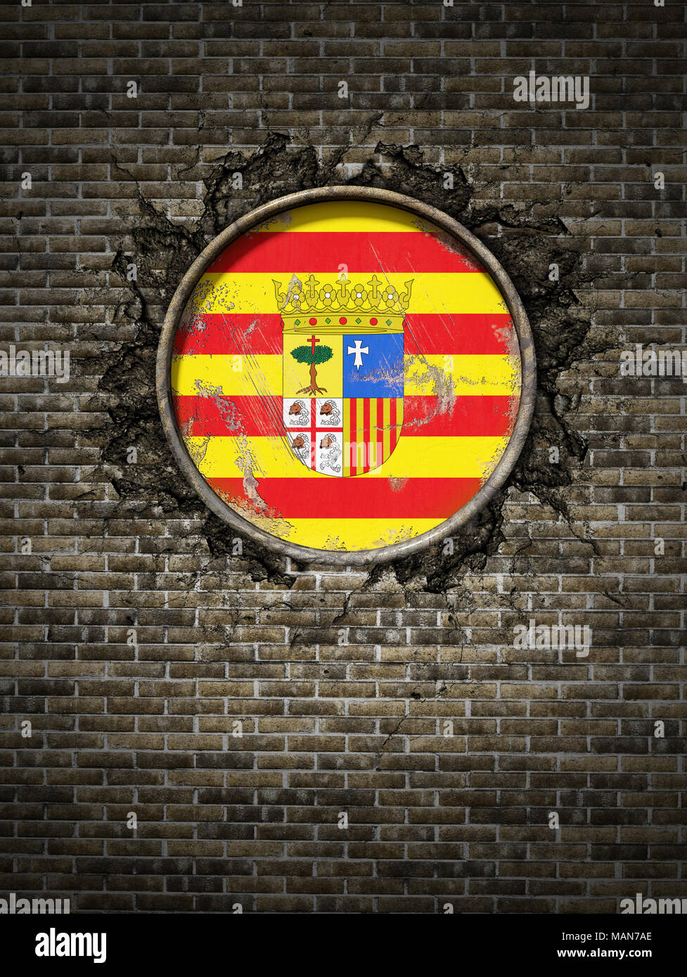 3d rendering of a Spanish Aragon community flag over a rusty metallic ...