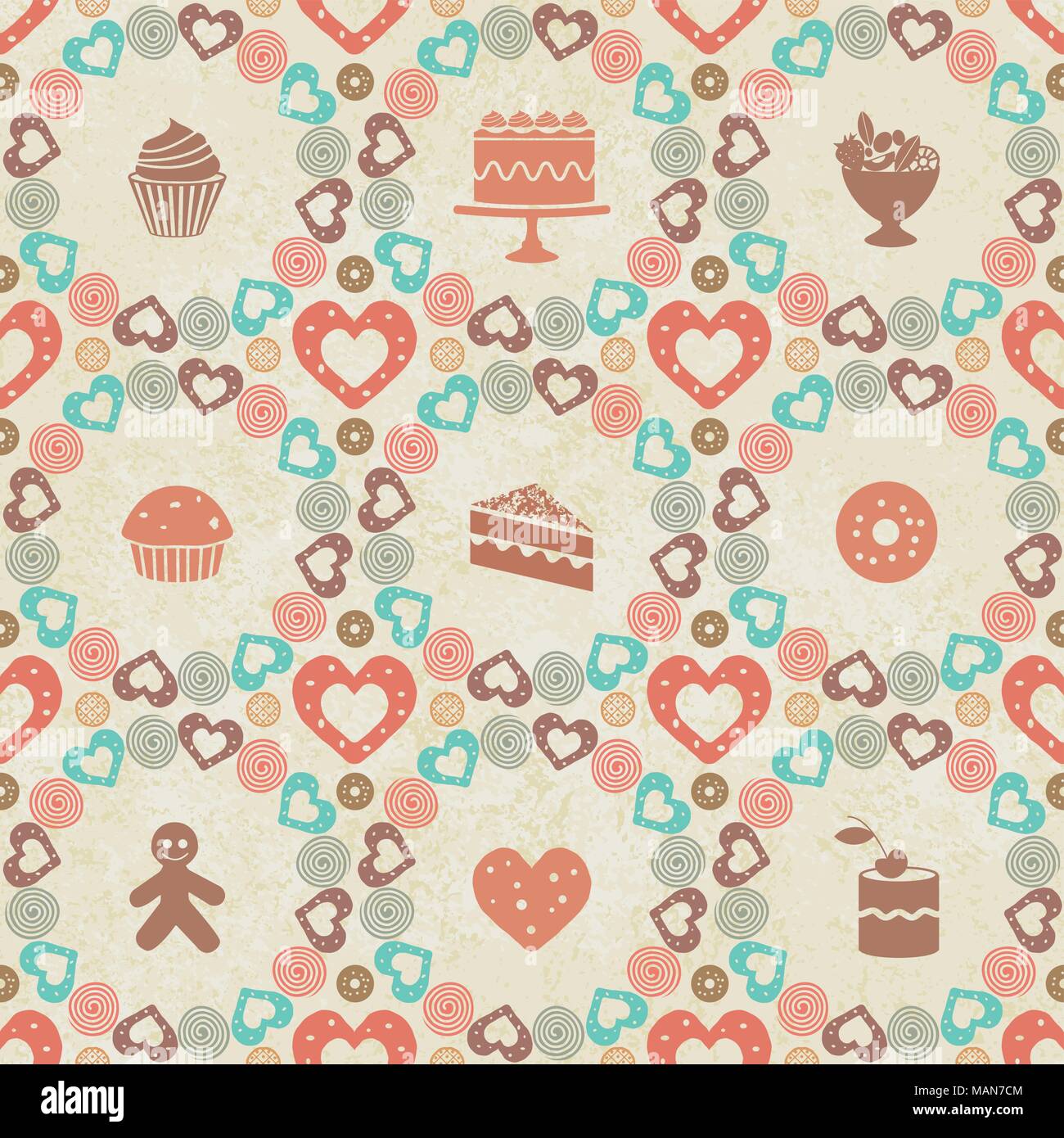 Decorative seamless pattern with cakes and sweets. Stock Vector