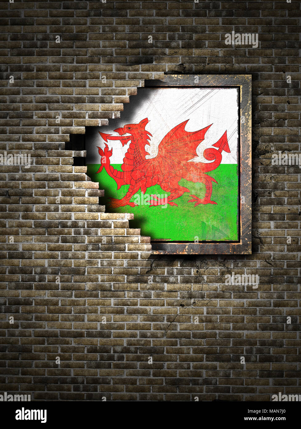 3d rendering of a Wales flag over a rusty metallic plate embedded on an ...