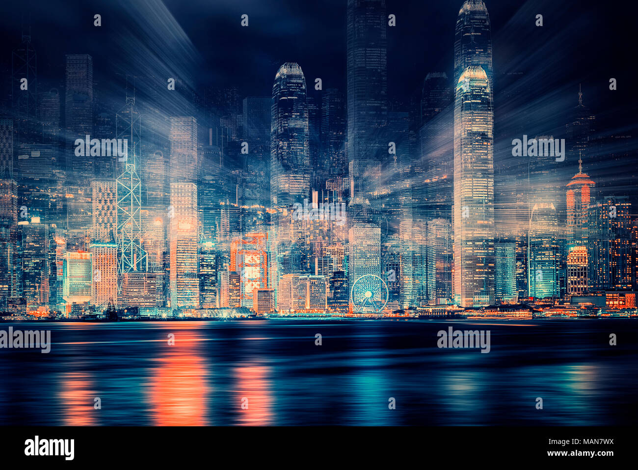 Concept design of the Hong Kong city by night Stock Photo