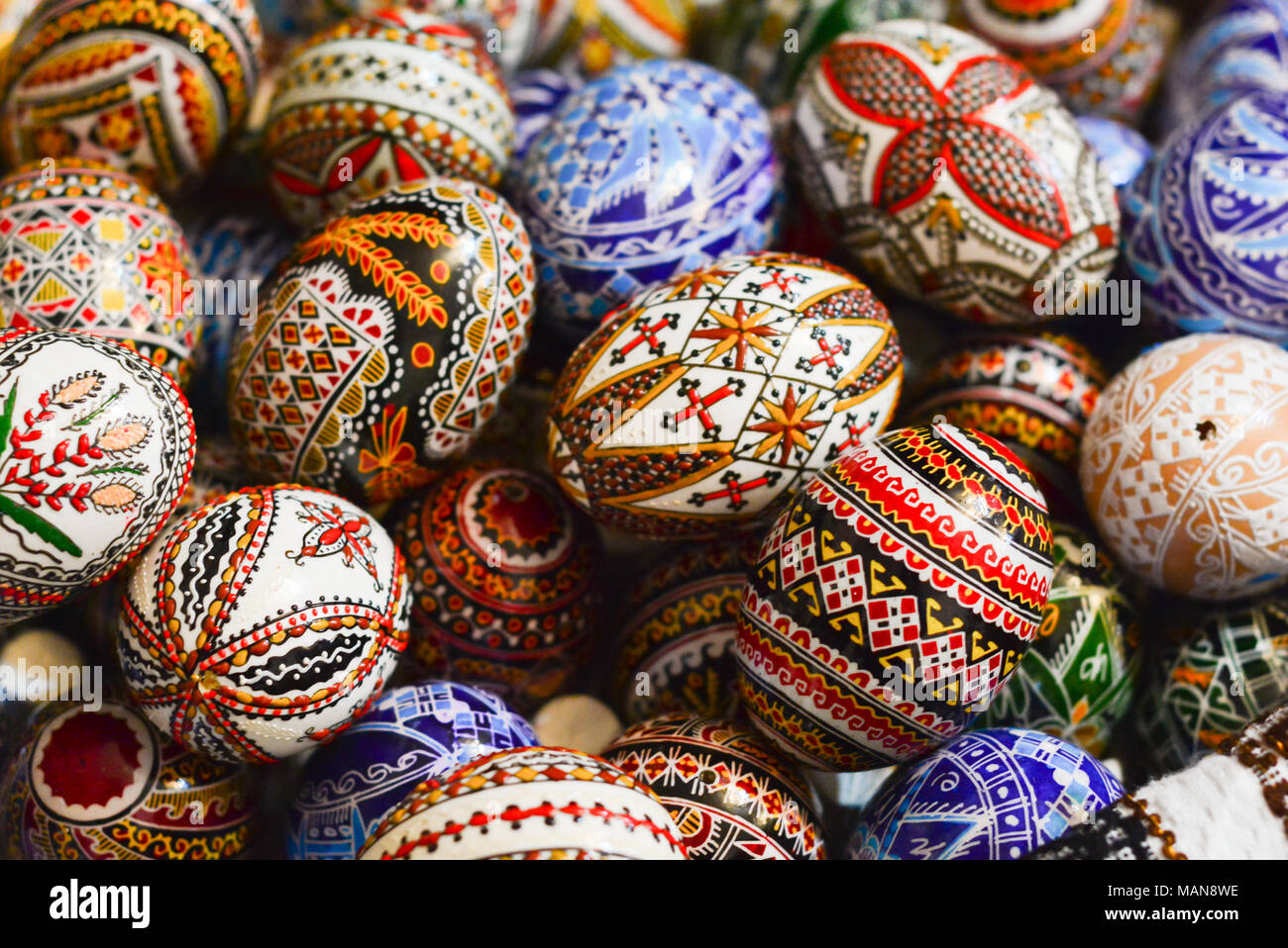 Traditional painted eggs for the orthodox Easter in the region of Bucovina, Romania Stock Photo