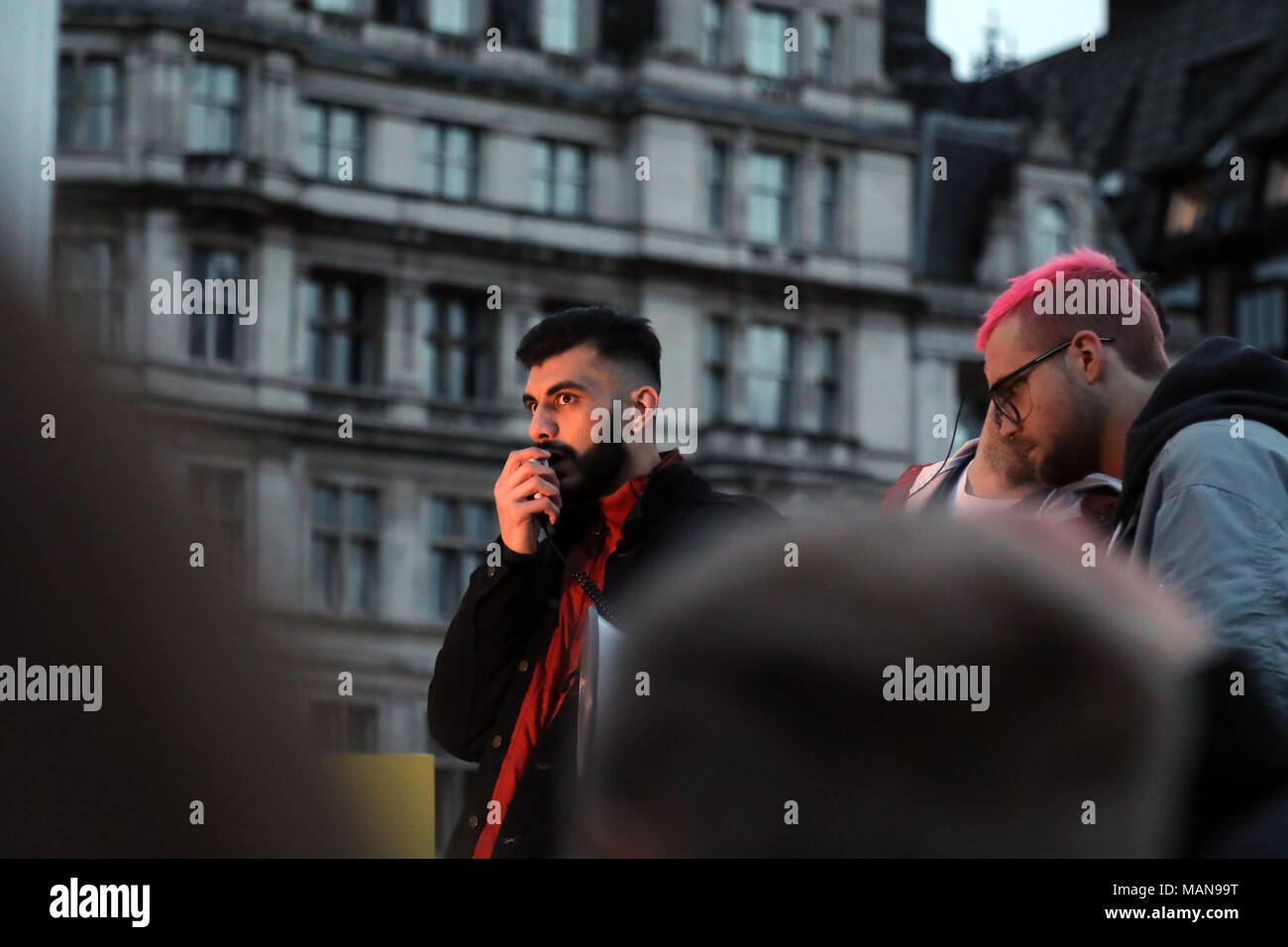 Shahmir Sanni, a volunteer on the pro-Brexit referendum campaign, speaking at the Fair Vote rally in Parliament Square, London on 29 March, 2018 Stock Photo