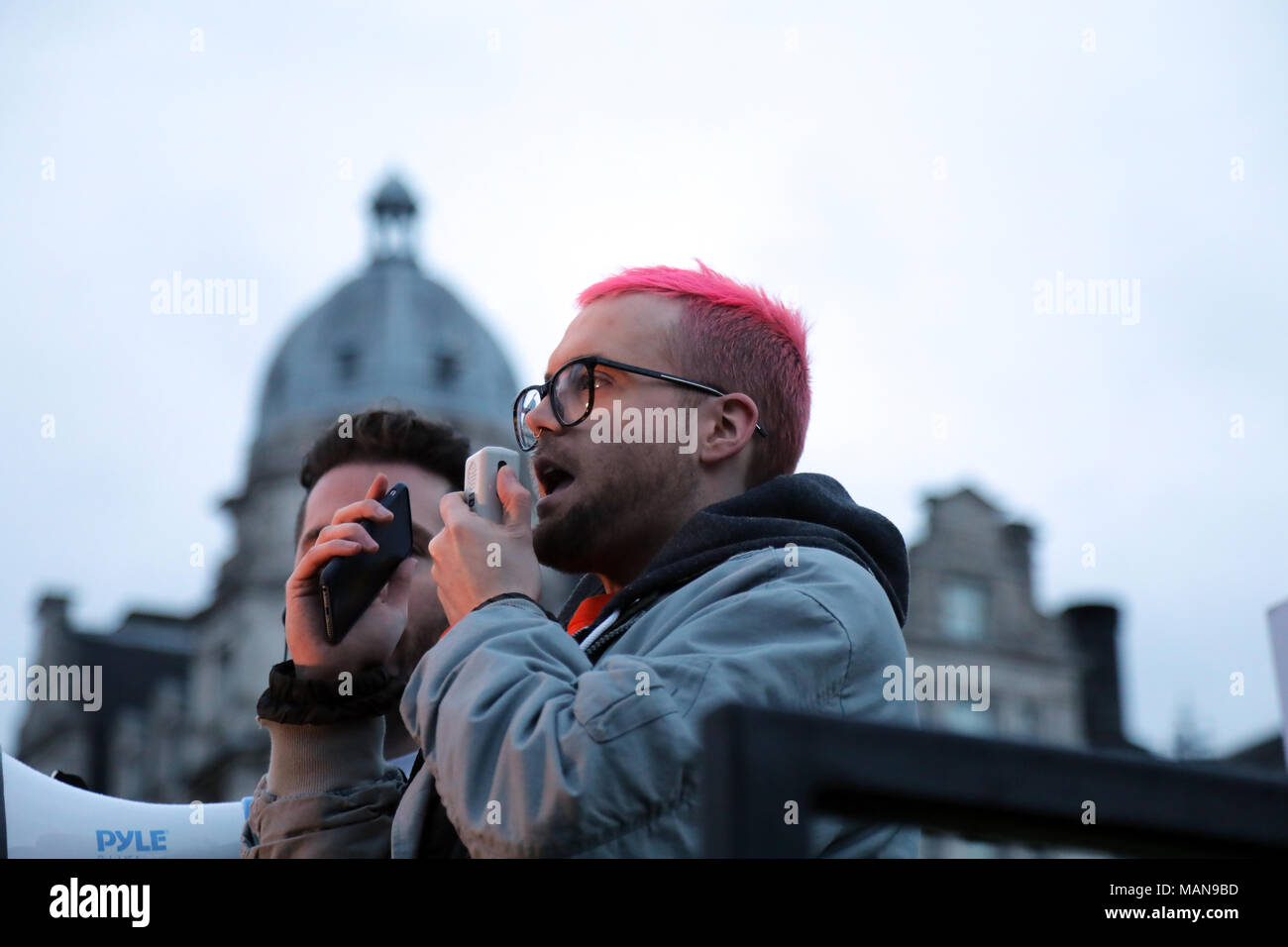 Christopher Wylie, a former director of research at Cambridge Analytica, addresses the Fair Vote rally in Parliament Square, London on 29 March, 2018. Stock Photo