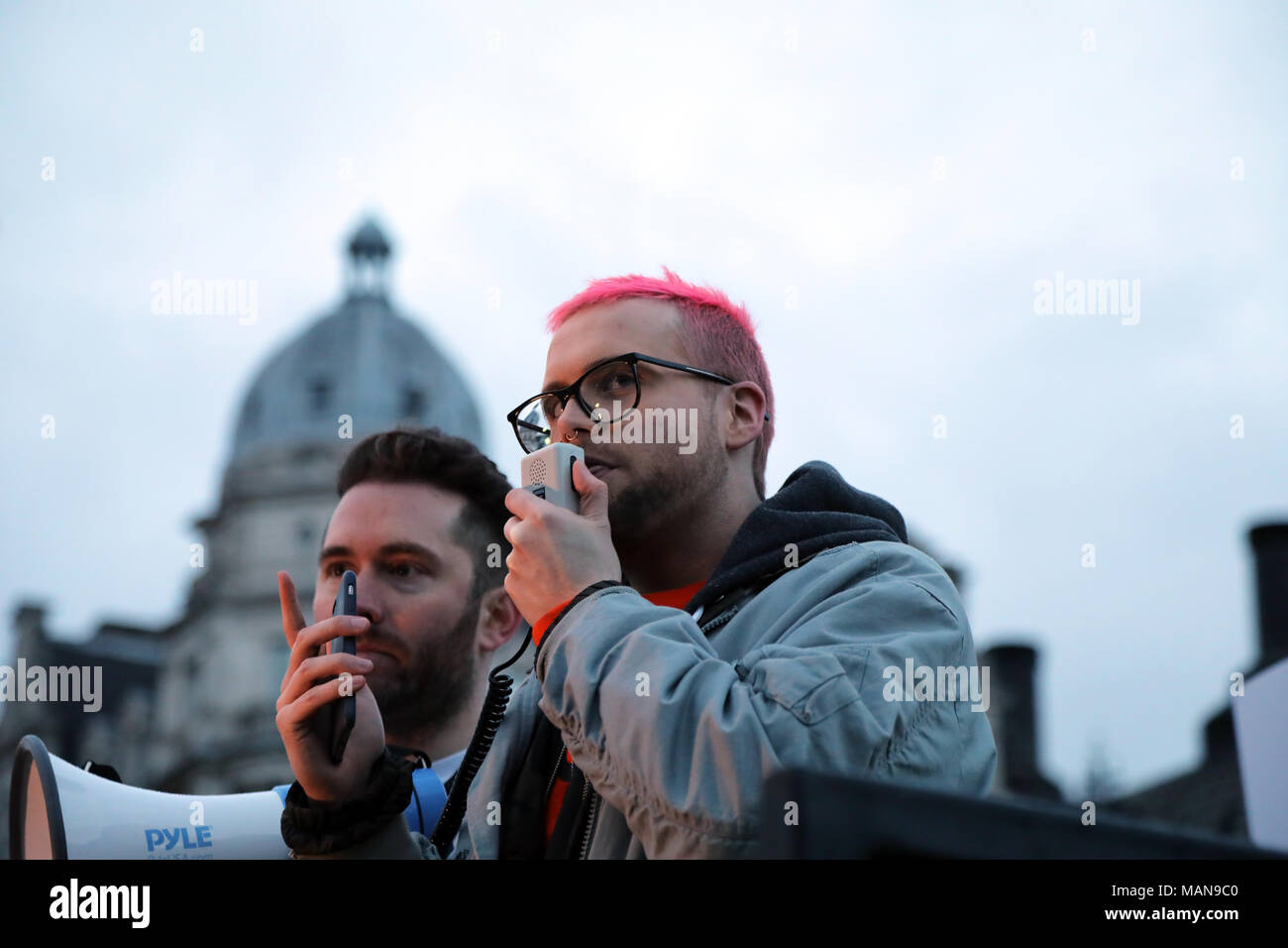 Christopher Wylie, a former director of research at Cambridge Analytica, addresses the Fair Vote rally in Parliament Square, London on 29 March, 2018. Stock Photo