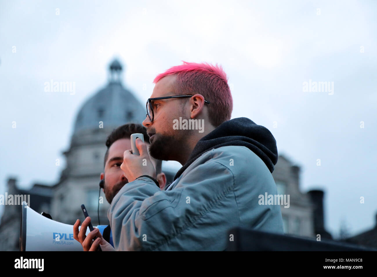 Christopher Wylie, a former director of research at Cambridge Analytica, addresses the Fair Vote rally in Parliament Square, London on 29 March, 2018. Stock Photo