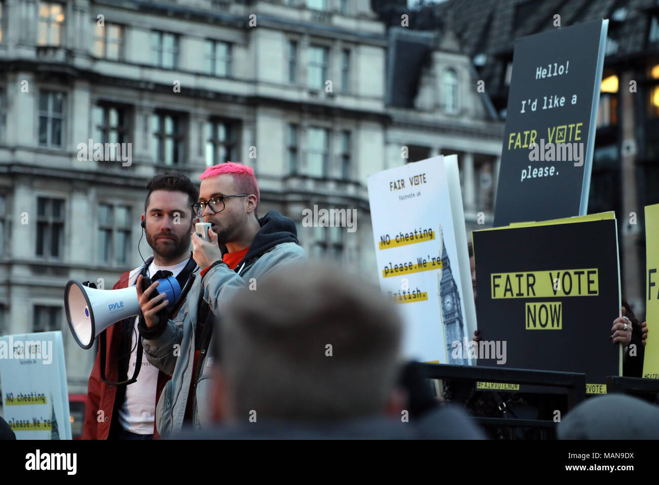 Christopher Wylie, a former director of research at Cambridge Analytica, addresses the Fair Vote rally in Parliament Square, London on 29 March, 2018. Stock Photo