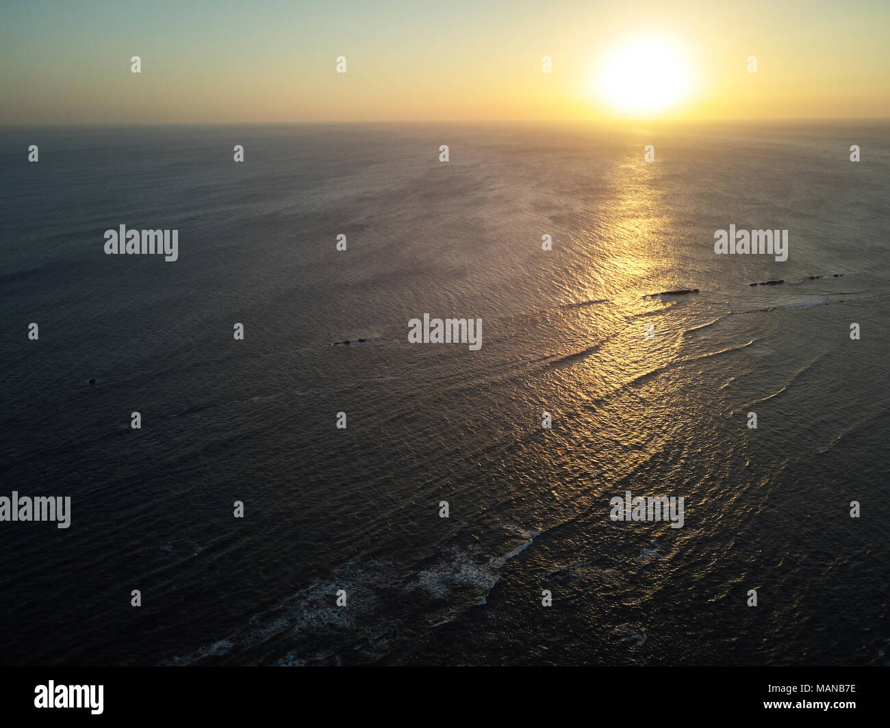 Sunset on ocean aerial view. Ocean horizont on dusk time Stock Photo