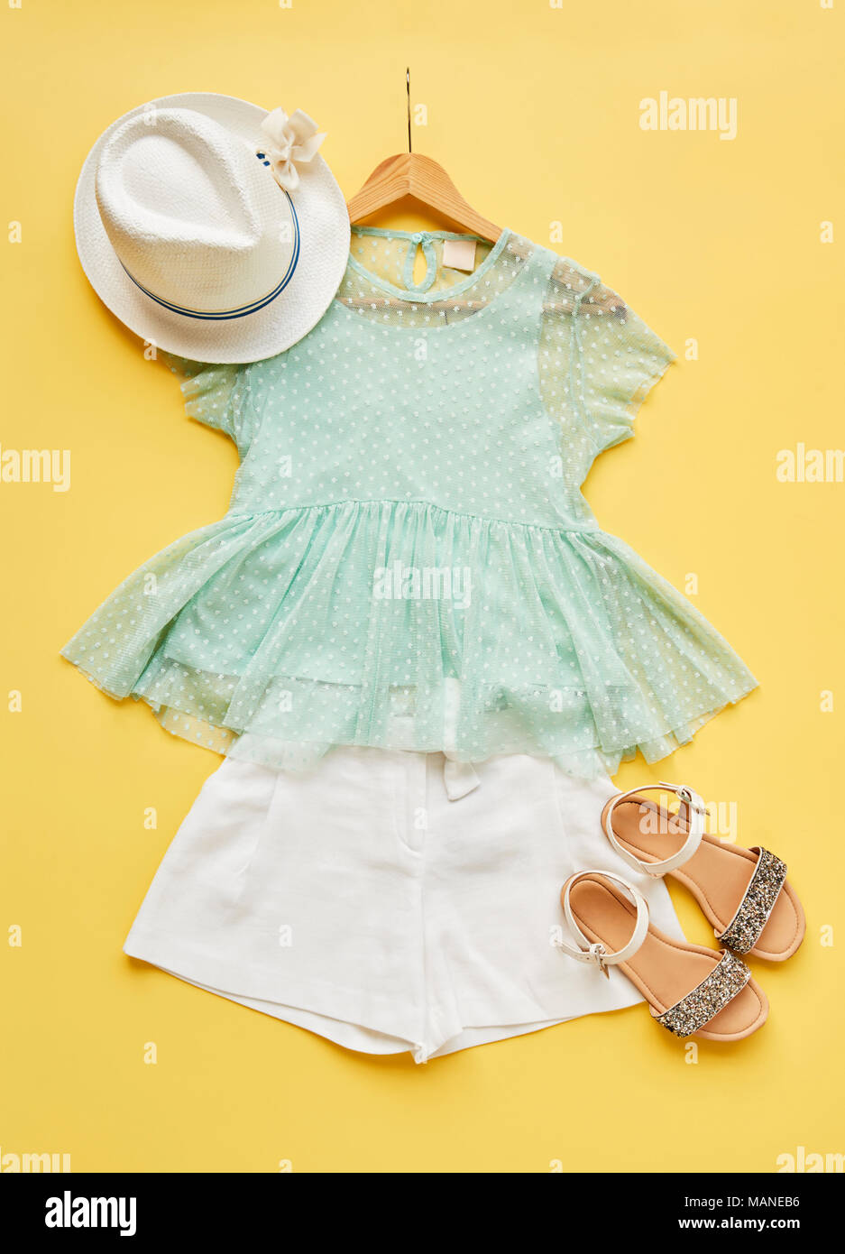 Flat Lay Shot Of Female Summer Clothing Stock Photo