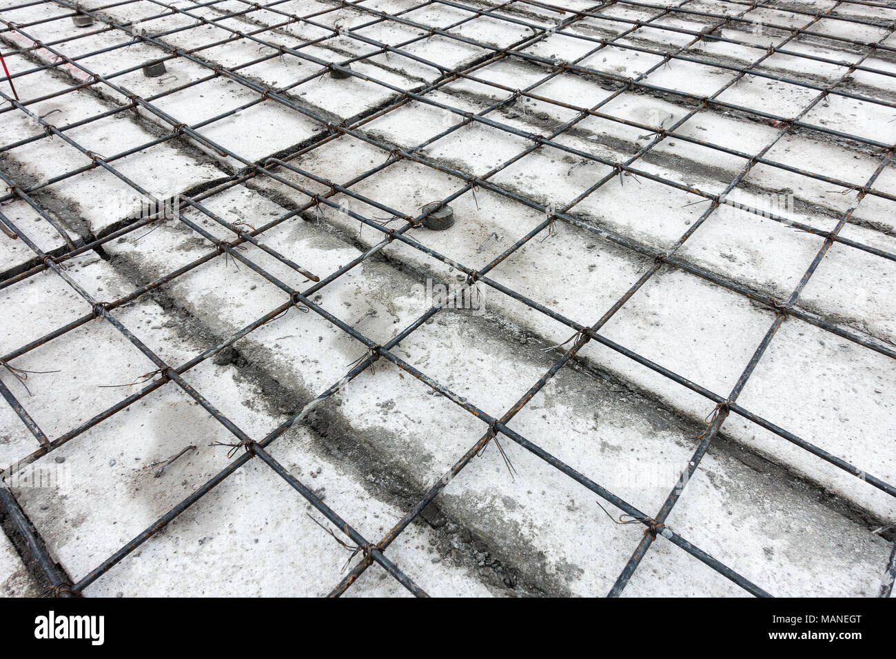 Concrete casting preparation and layout for steel rebar. Stock Photo