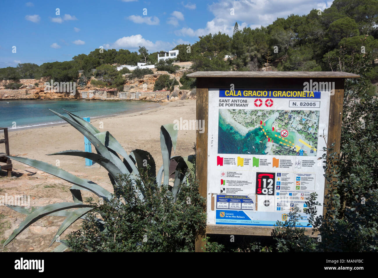 Mediterranean beach, Cala Gracio, town of Sant Antoni, Ibiza island ...