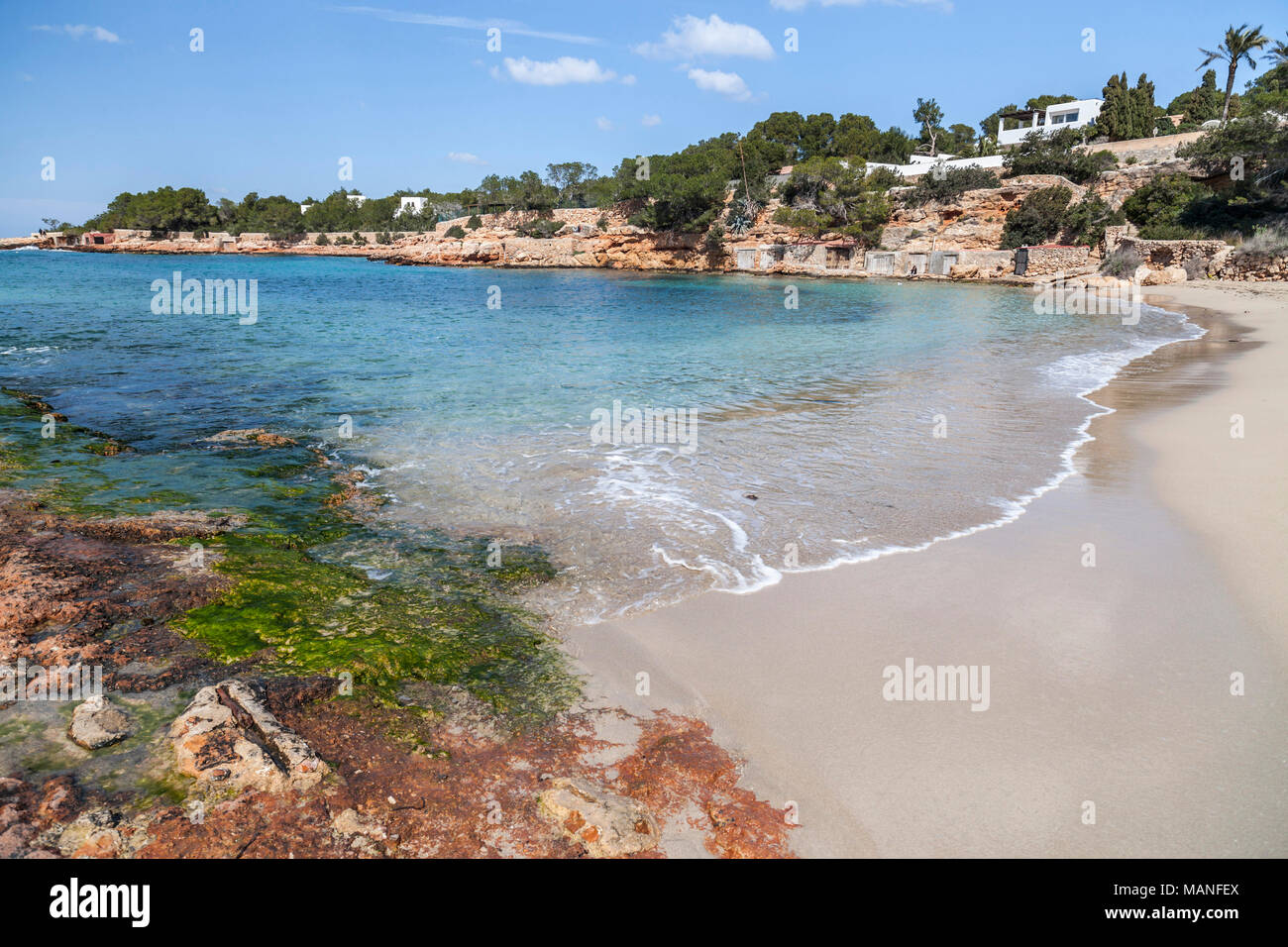 Mediterranean beach, Cala Gracio, town of Sant Antoni, Ibiza island ...