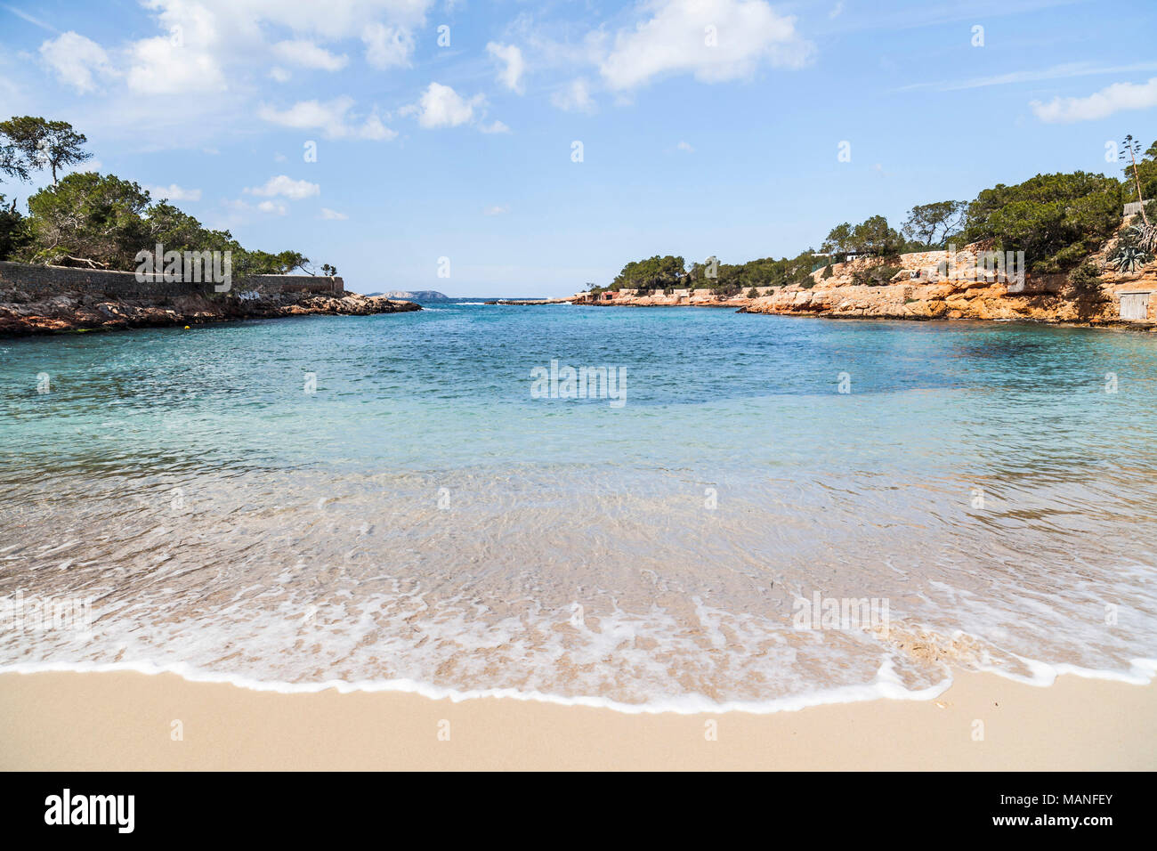 Mediterranean beach, Cala Gracio, town of Sant Antoni, Ibiza island,Spain. Stock Photo