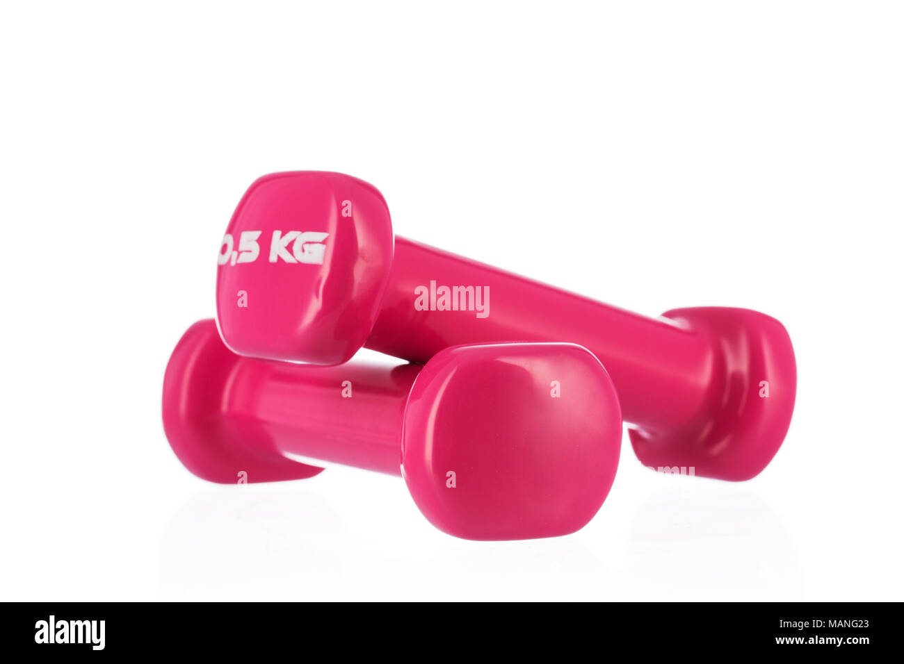 Two plastic coated dumbells isolated on white background Stock Photo